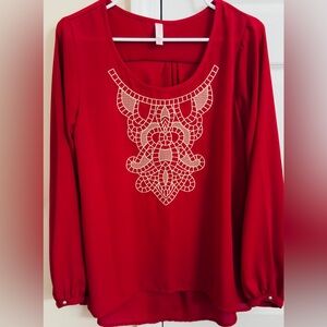 Xhilaration 100% Polyester Red w/‎ Beautiful Print Woman’s Large Long Sleeve Top